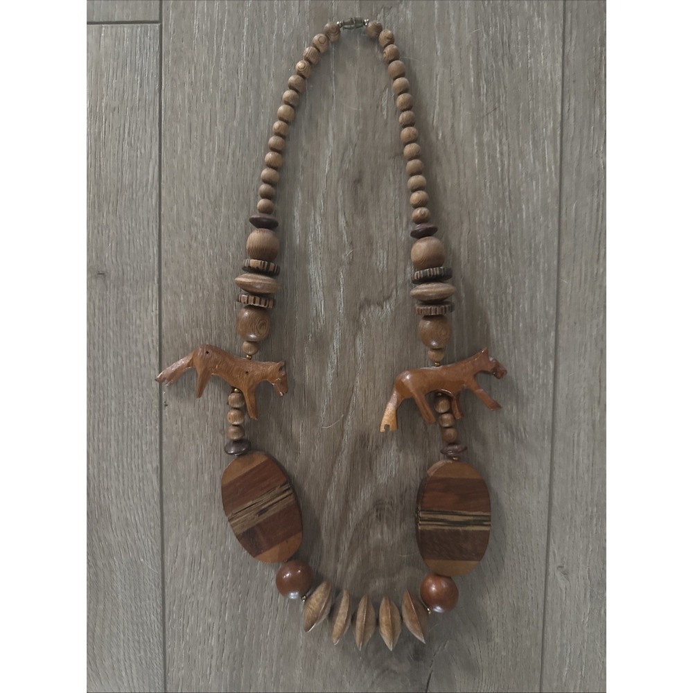 Vintage necklace wood animal Lion beaded Safari